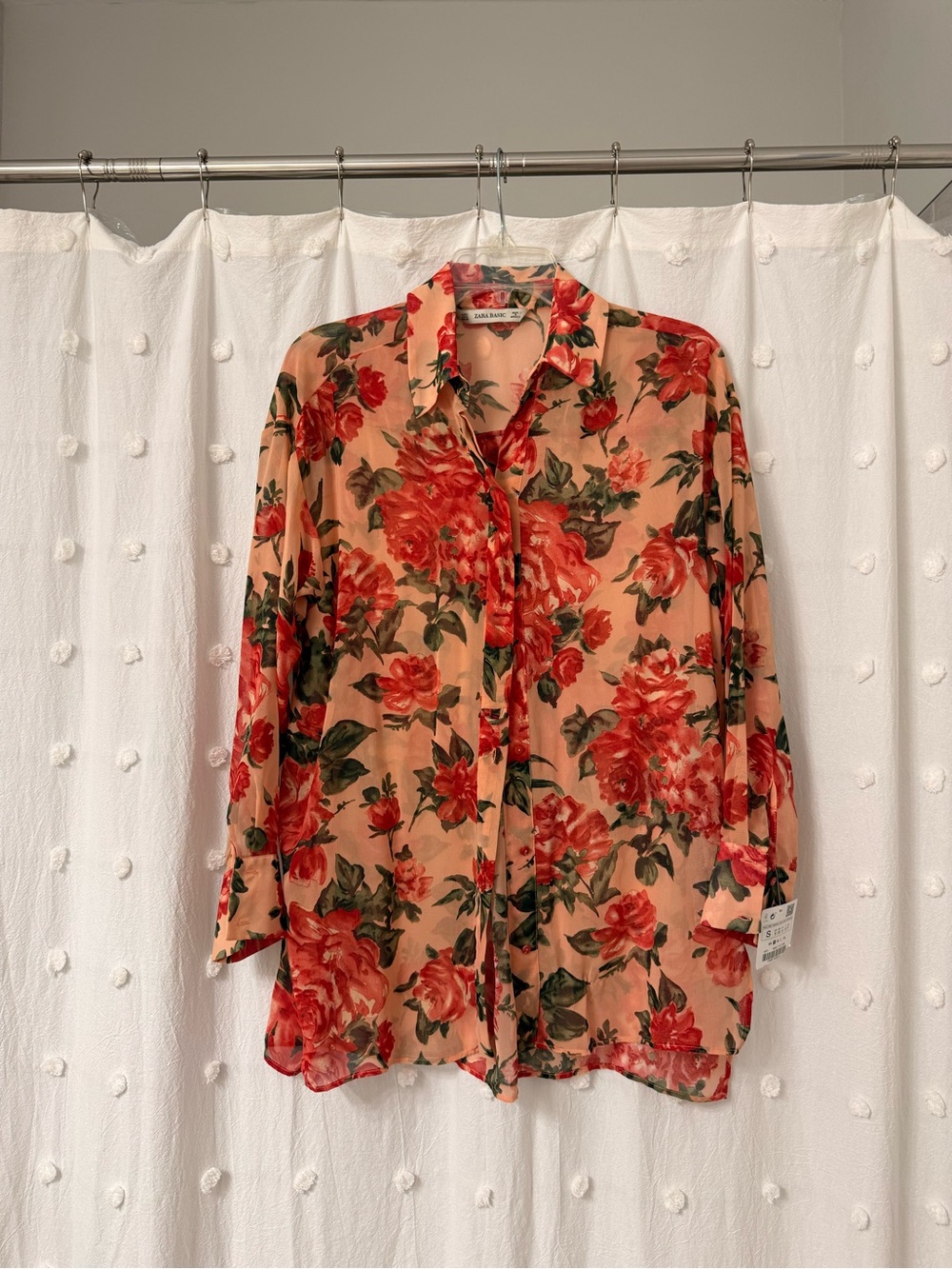 Zara Button-Up Blouse with Red Floral Print